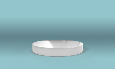 3D rendering of empty space for product display. round pedestal, azure background