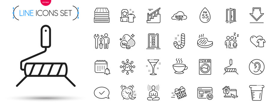 Pack of Washing machine, 5g internet and Grilled steak line icons. Include Sodium mineral, Stairs, Paint roller pictogram icons. Alarm, Open door, Sleep signs. Present delivery. Vector