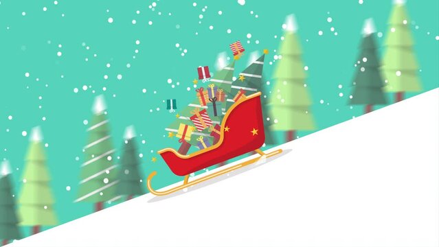 Santa sleigh with pile of gift boxes is sliding from the top hill. 4k video animated