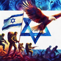 Generative AI image of a eagle and Israeli soldier and a flag of israel