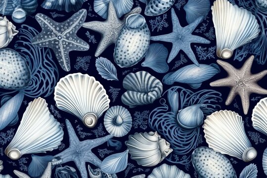 Illustration of seashells and starfish pattern in blue and white colors. Generative AI