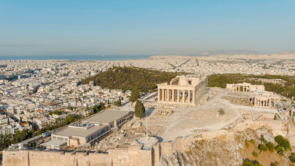 Athens, Greece. Acropolis of Athens in the light of the morning sun. Summer, Aerial View