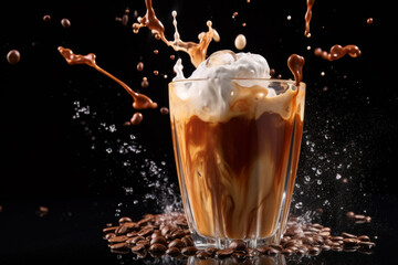 Coffee splashing in glass with foam, isolated on black