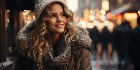 Winter outdoor close up portrait of beautiful happy smiling young woman, posing in street of european city. Winter fashion, Christmas holidays concept. Copy space, banner