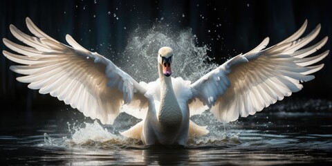 a image Shining white feathered swan sitting on a green lake, AI Generative - obrazy, fototapety, plakaty