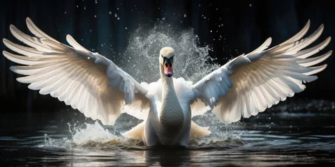 Rolgordijnen a image Shining white feathered swan sitting on a green lake, AI Generative © Horsi