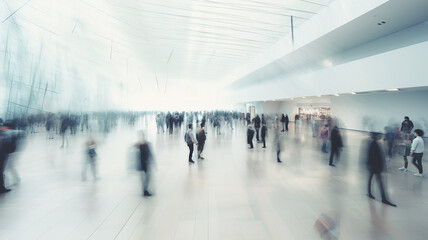 aerial view, a group of people in a large lobby, blurred background public space abstract airport or station