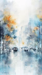 Keuken foto achterwand Aquarelschilderij wolkenkrabber high, narrow simple watercolor background, traffic in the city cars in gray light and blue tones