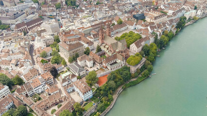 Basel, Switzerland. Basel Cathedral. Basel is a city on the Rhine River in northwestern Switzerland, near the borders with France and Germany, Aerial View