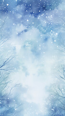 Fototapeta na wymiar high, narrow, simple background watercolor drawing abstract blue light winter background blurred snowfall nature theme