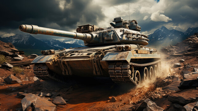 Tank as a defense mission. Explosion and destructions caused by war. Army battle, artillery weapons force conflict.