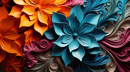 Multicolor paper flowers and leaves. The colors of the paper.