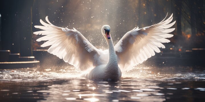 a image Shining white feathered swan sitting on a green lake, AI Generative