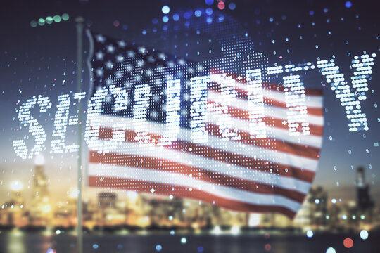 Virtual cyber security creative concept on US flag and city background. Double exposure
