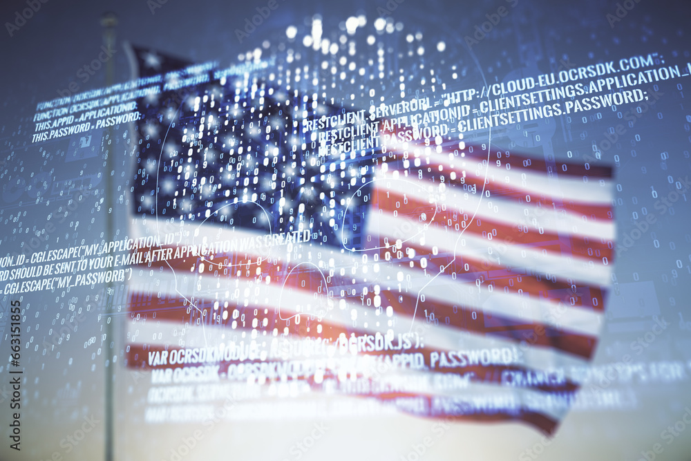 Poster abstract virtual code skull illustration on us flag and blue sky background. hacking and phishing co