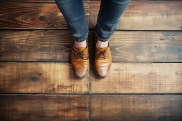 Beautiful woman legs on house wood floor. Girl sexy vintage jeans style. Generate Ai - obrazy, fototapety, plakaty