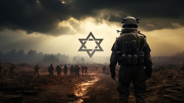Generative AI image of an Israeli soldiers and a star of david in the background