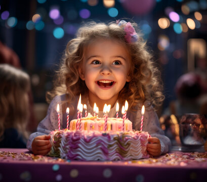 5 year old girl celebrating her birthday with a cheerful smile near a cake with lit candles