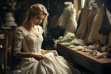 Naklejka premium Young dressmaker in workroom wedding designer. Dress workplace material measure clothing. Generate Ai