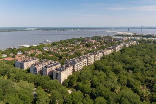 Aerial panorama of Charleston South Carolina Battery. Generative AI