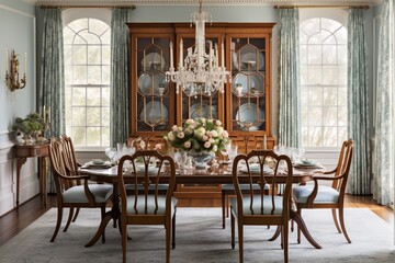 Fototapeta na wymiar Plan a traditional, elegant dining room with formal furniture and vintage accents