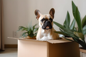 Dog in box in living room background, packing delivery. Concept relocation and moving day to new...