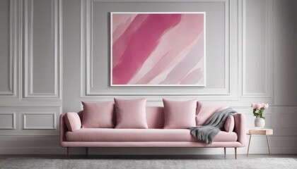 Modern living room, there’s a gray sofa adorned with pink pillows and a blanket. It’s placed against a white wall where an abstract art poster hang.