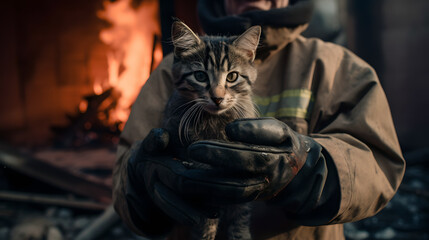 Portrait of fireman in protective suit and red helmet holds saved cat from burning house. Concept heroic emergency service firefighter in fire fighting operation - obrazy, fototapety, plakaty