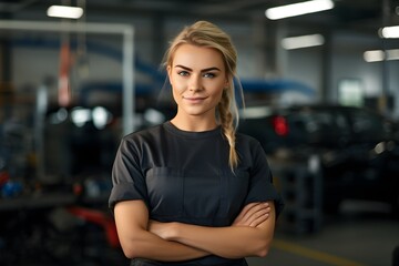 Smiling confident caucasian blonde female car mechanic in a garage background, professional automobile assistance photography, Horizontal format 3:2 - obrazy, fototapety, plakaty