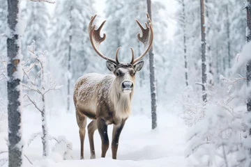 Fotobehang Horned reindeer in snowy Lapland, Finland. White Christmas travels at winter to Arctic. © Clàudia Ayuso