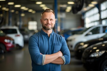 Smiling confident caucasian blond man car mechanic in a garage background, professional automobile assistance photography, Horizontal format 3:2