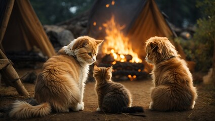 Cats and dog near a campfire 