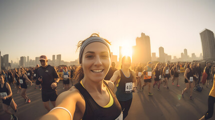 Selfie photo of sporty happy smile young woman are running marathon down street against backdrop of setting sun - obrazy, fototapety, plakaty