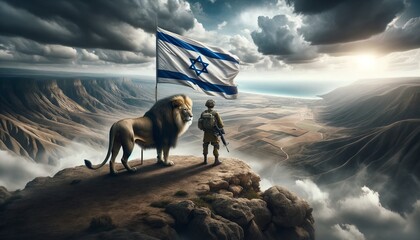 Generative AI image of an Israeli soldier and a lion over a  flag of Israel as a background