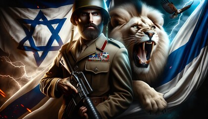 Fototapeta na wymiar Generative AI image of an Israeli soldier and a lion over a flag of Israel as a background