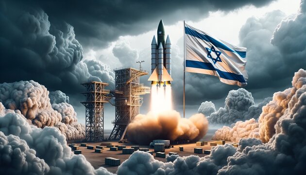 Generative AI image of Israeli anti rockets defense systems with the flag of Israel