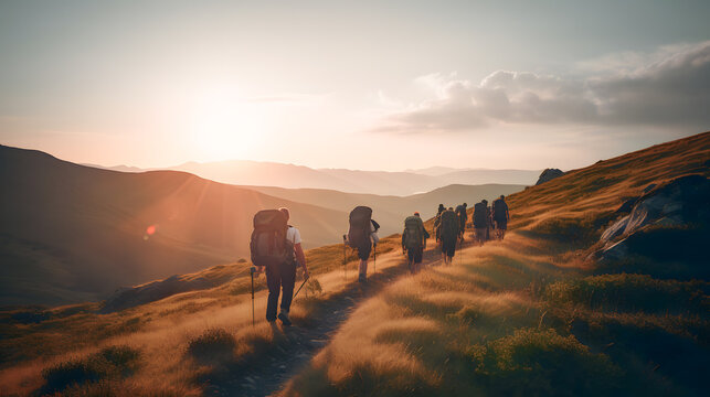 Group tourists of hiker sporty people walks in mountains at sunset with backpacks. Concept banner adventure with copy space