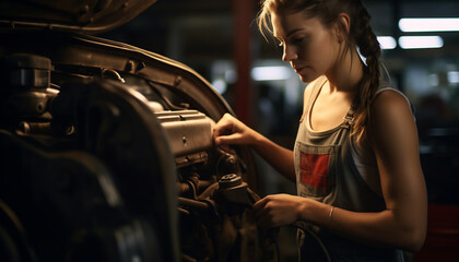 Fototapeta na wymiar female mechanic repairing a vintage car Generative AI