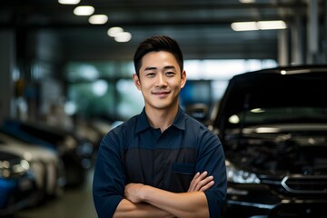 Confident smiling Korean or Japanese asian male car repairman in a garage background, professional auto mechanic photography, Horizontal format 3:2 - obrazy, fototapety, plakaty