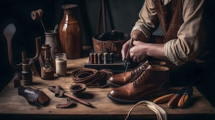 Banner workplace for Craftsman make shoe from grain leather. Shoemaker performs shoes in studio craft