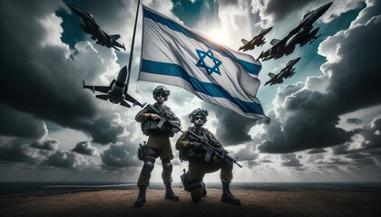 Generative AI image of an Israeli pilot in the AirForce  over jet fighters and the flag of Israel as a background - obrazy, fototapety, plakaty