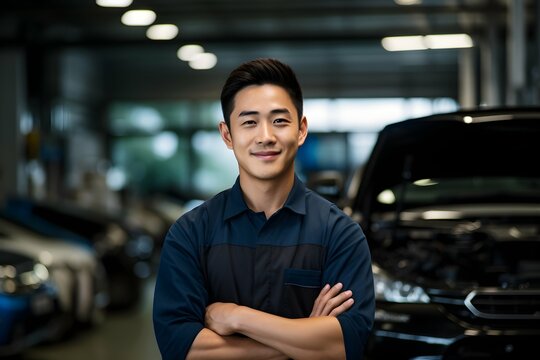 Confident smiling Korean or Japanese asian male car repairman in a garage background, professional auto mechanic photography, Horizontal format 3:2