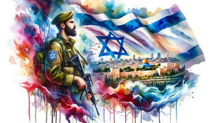 Generative AI image of an Israeli soldier in Jerusalem  over a flag of Israel as a background