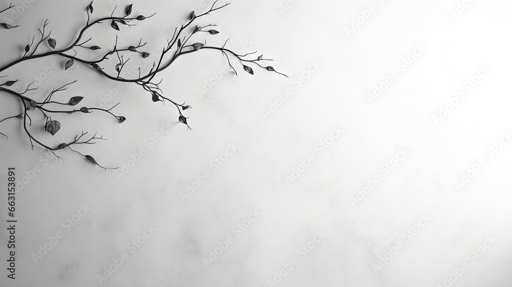 Poster Abstract gray shadow background of natural leaves tree branch falling on white wall texture for background and wallpaper, black and white, nature shadow pattern art on wall