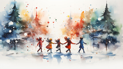 row of children holding hands and dancing round dance around  Christmas tree, watercolor illustration holiday happiness in the new year