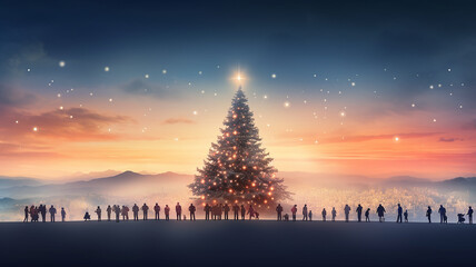 a group of silhouettes of people on Christmas Eve on a square in the city in front of a decorated Christmas tree, festive night background