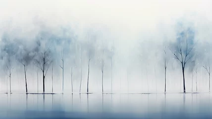 Photo sur Plexiglas Blanche light white blue fog, a row of trees. watercolor abstract background late autumn, symbol landscape view cold light November, copy space blank blank