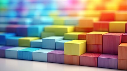 Spectrum of stacked multi-colored wooden blocks with white space in front. Background or cover for something creative, diverse, expanding, rising or growing. shallow depth of field.