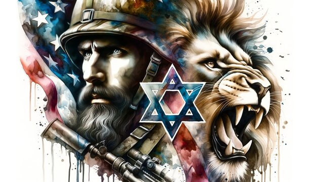 Generative AI image of an Israeli soldier and a lion and star of David over a  USA as a background