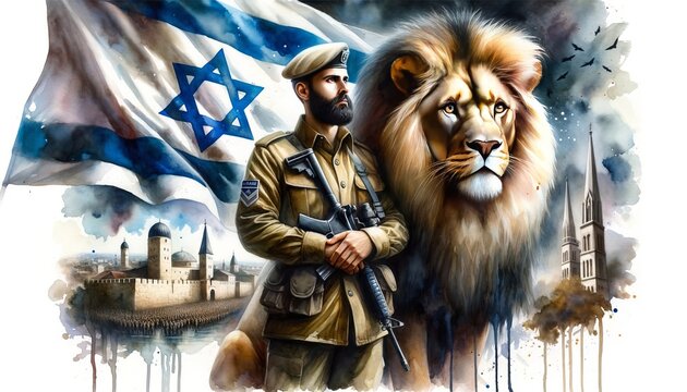 Generative AI image of an Israeli soldier and a lion over a  flag of Israel and Jerusalem as a background